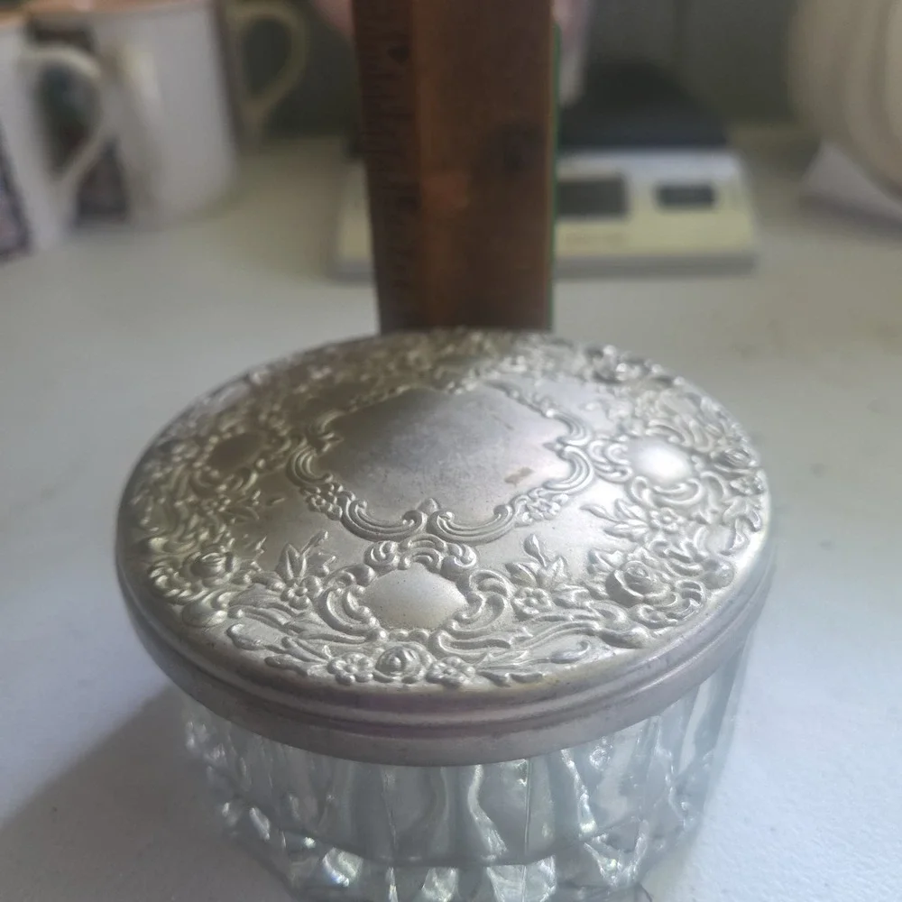 Vintage Glass Powder Jar Silver Plated Embossed Lid Vanity Trinket Box Mirror